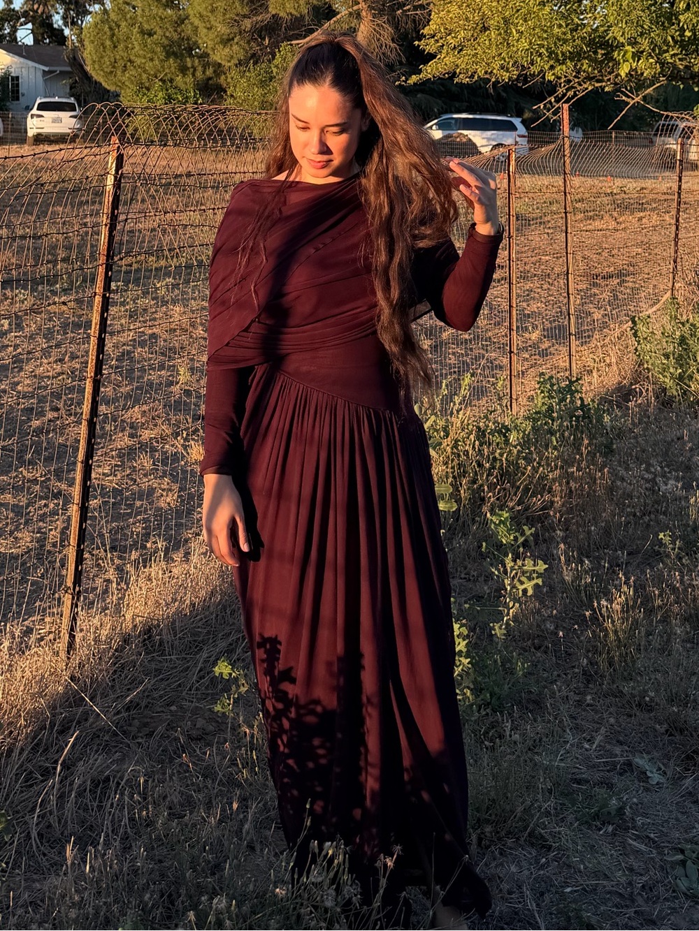 SHEIN Dark Burgundy One-Shoulder Ruched Long Sleeve Maxi Dress
